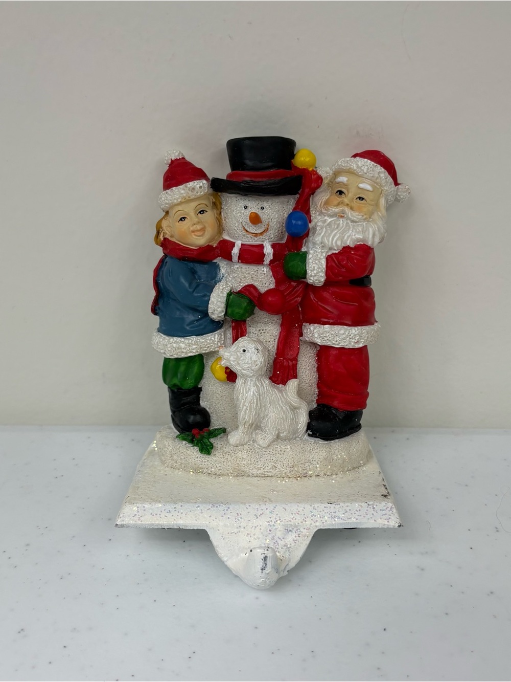 Vintage Enesco Snowman Santa Boy and Dog Cast Iron Christmas Stocking Holder